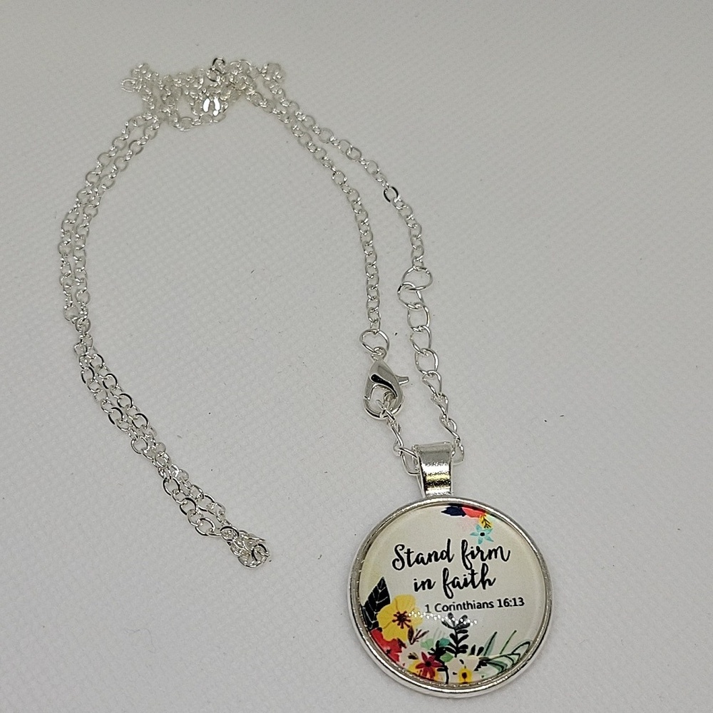 Cabochon 1" Silver Tone 20" Silver Tone Necklace Stand Firm in Faith
